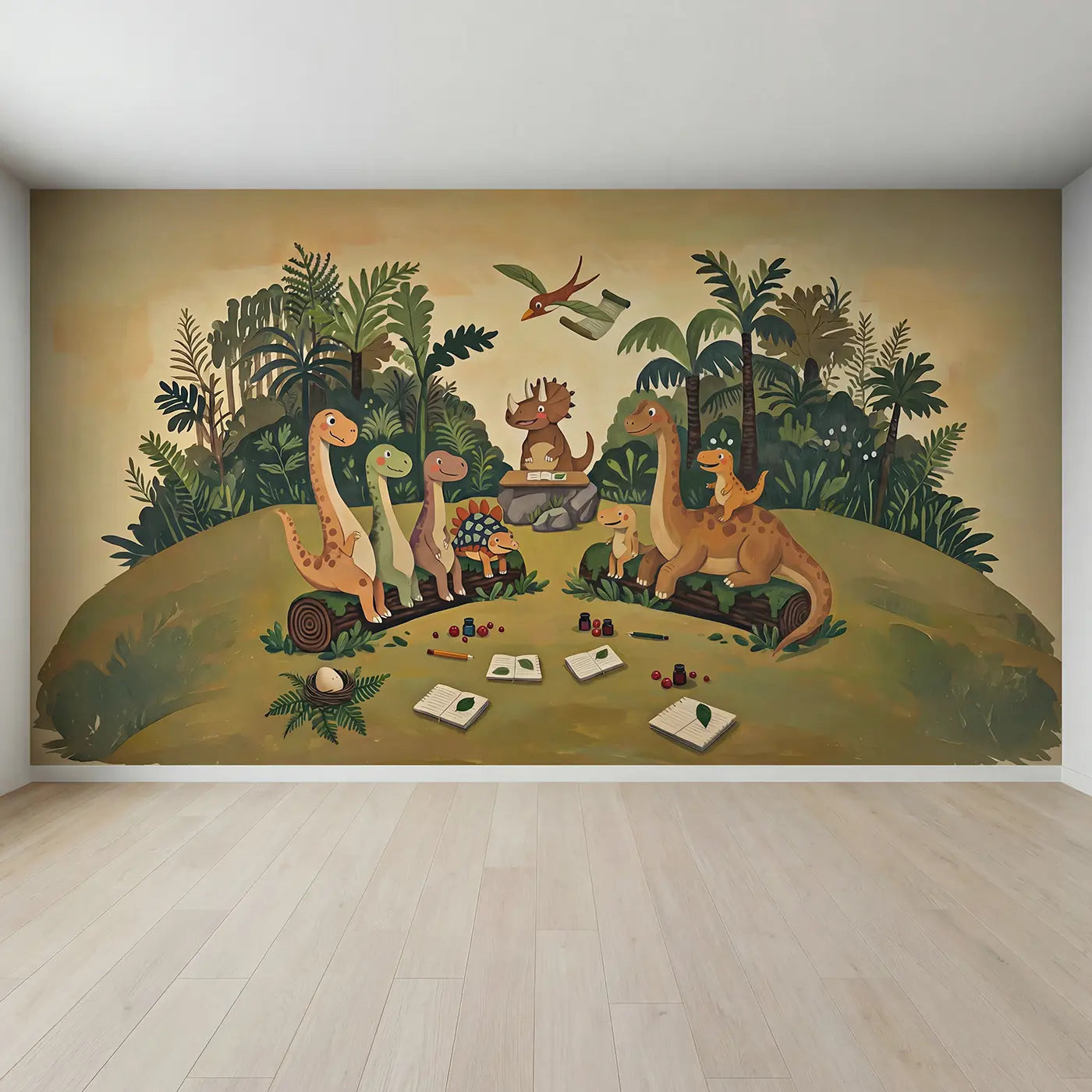 Full view of Baby Dinosaur School Wallpaper Mural by Whimsy Tots
