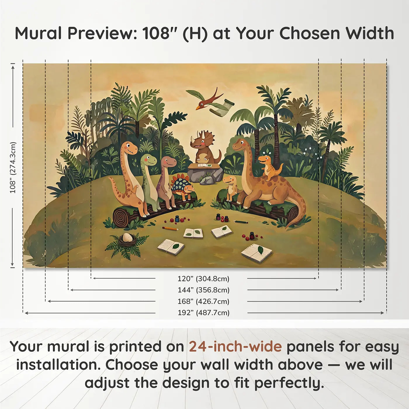 Panel layout and dimensions for Baby Dinosaur School Wallpaper Mural by Whimsy Tots