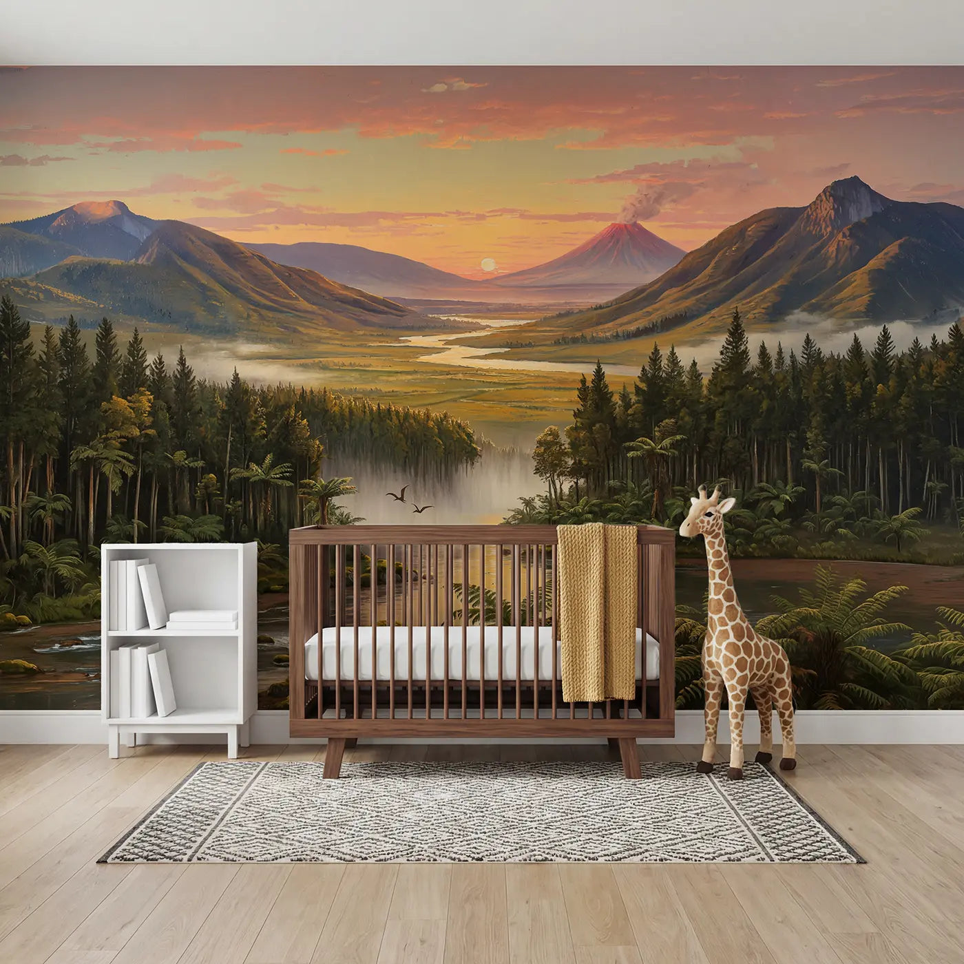Painted landscape valley prehistoric wallpaper mural for nursery by Whimsy Tots