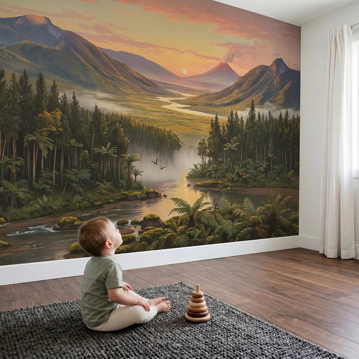 Child in nursery with Prehistoric Valley Sunrise Wallpaper Mural by Whimsy Tots