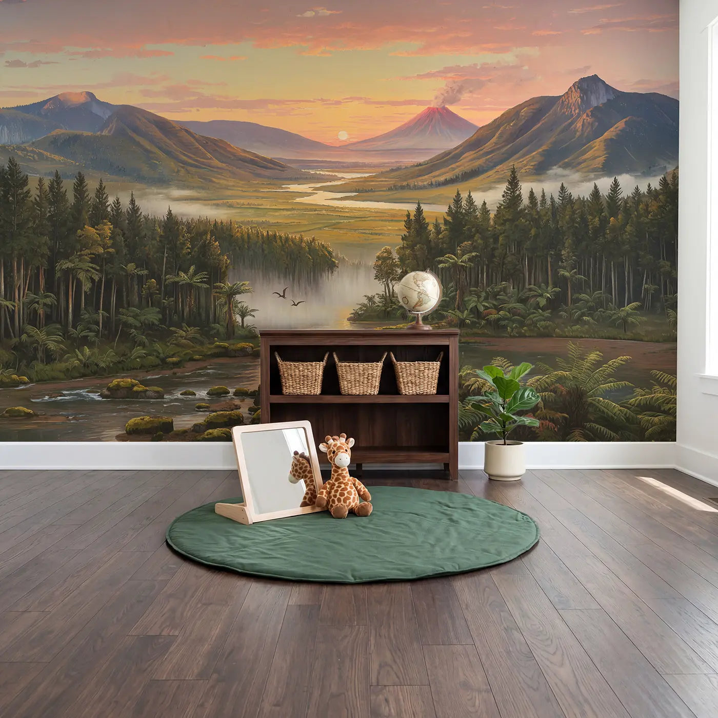 Prehistoric Valley Sunrise Wallpaper Mural in playroom setting by Whimsy Tots