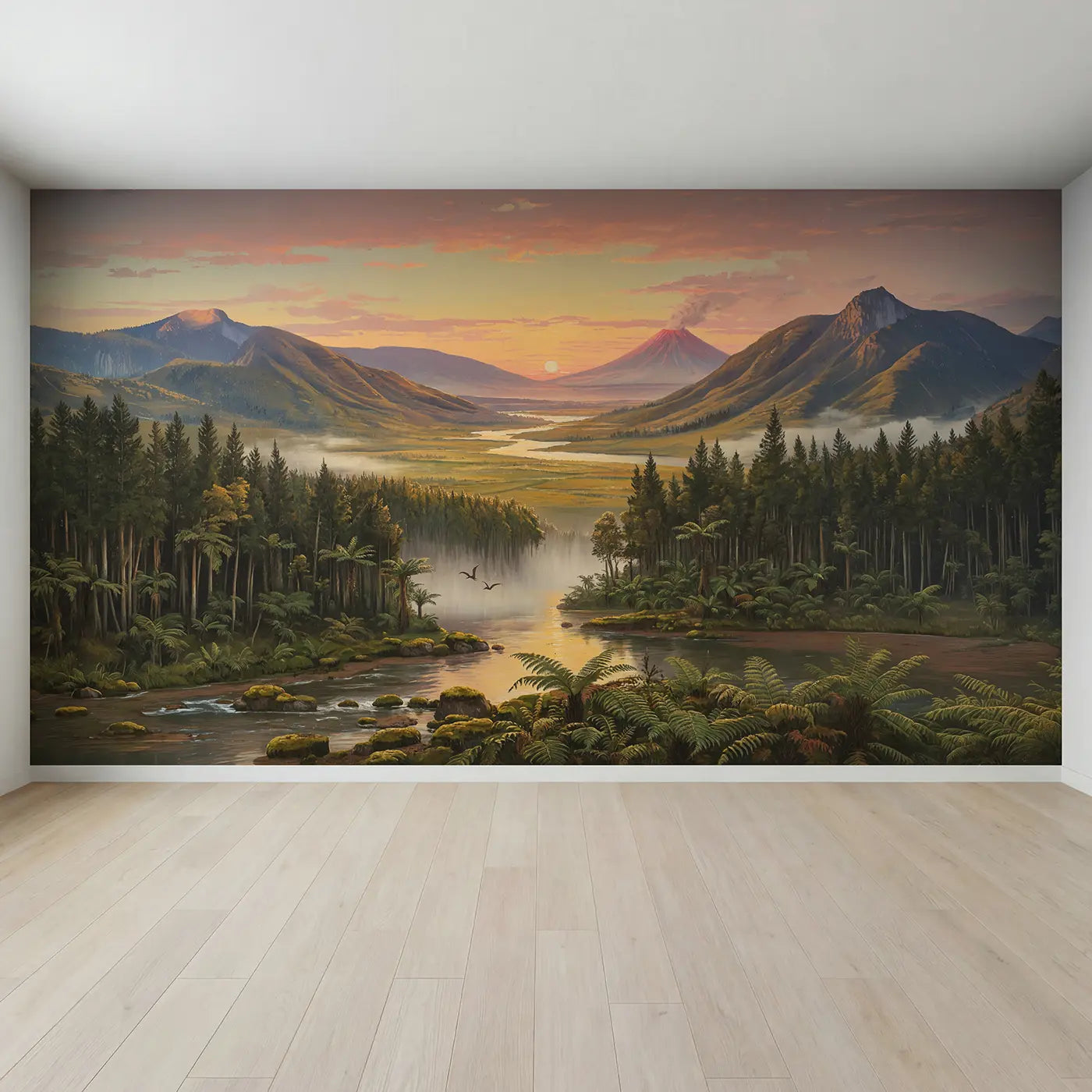 Full view of Prehistoric Valley Sunrise Wallpaper Mural by Whimsy Tots
