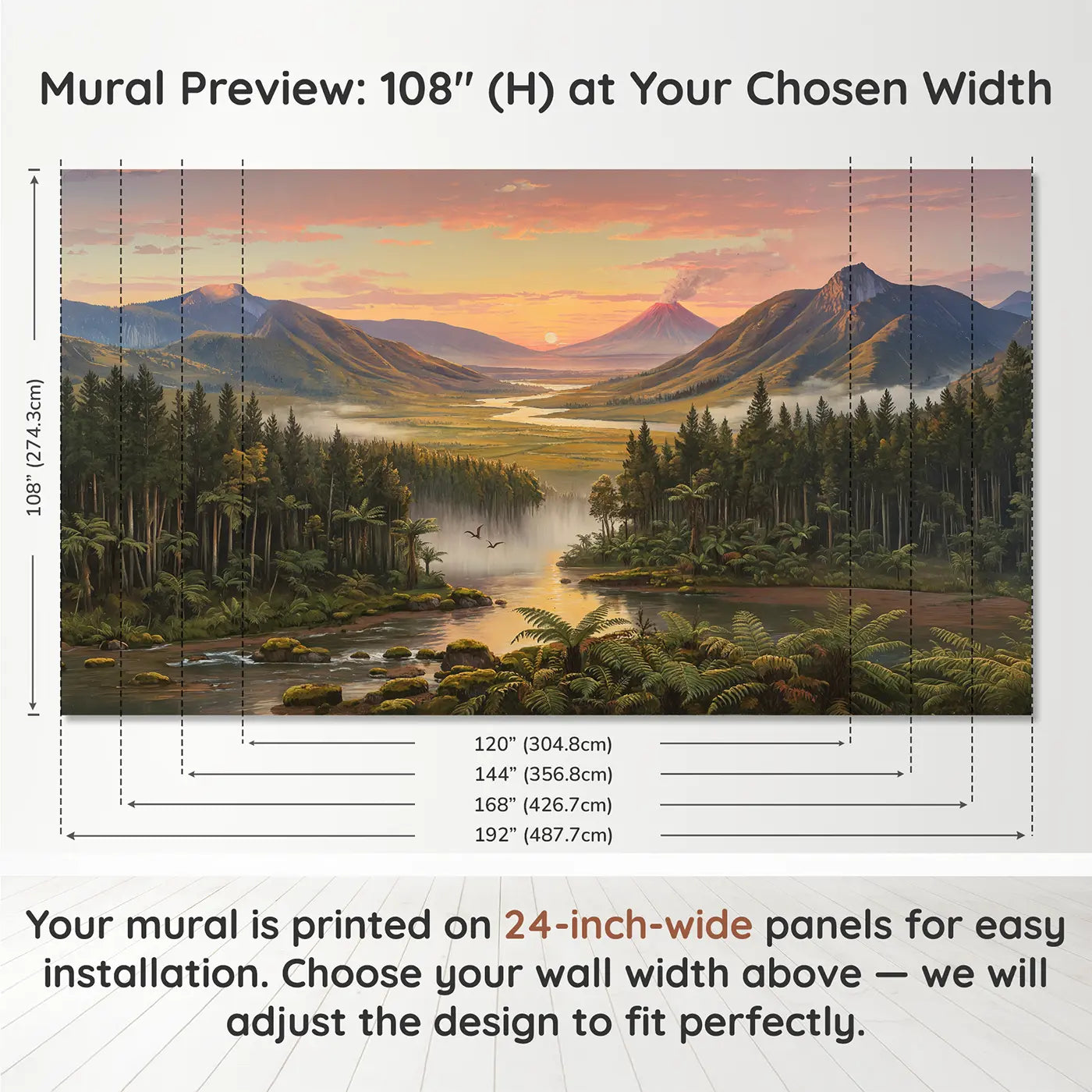Panel layout and dimensions for Prehistoric Valley Sunrise Wallpaper Mural by Whimsy Tots