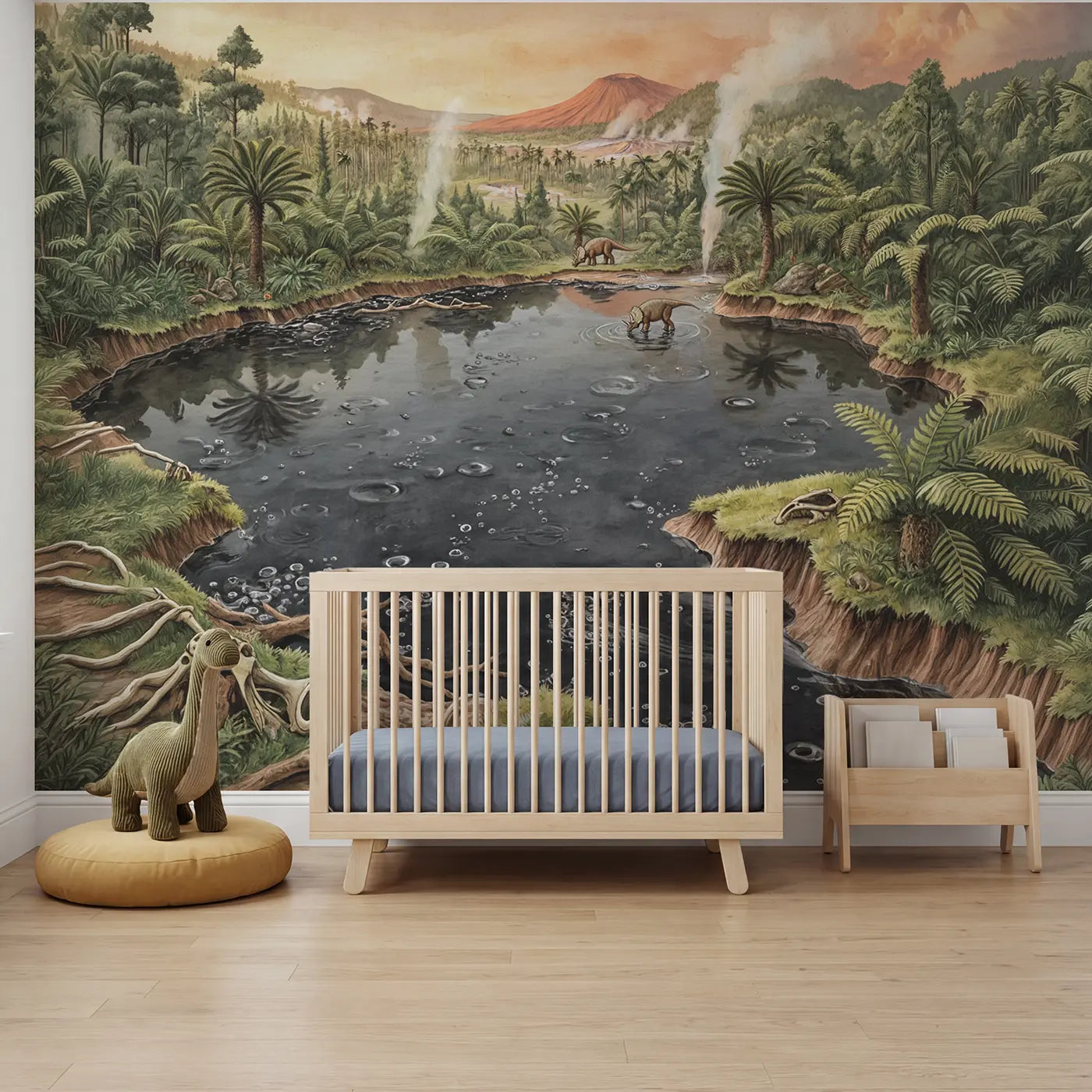 Storybook prehistoric tar pit landscape wallpaper mural for nursery by Whimsy Tots