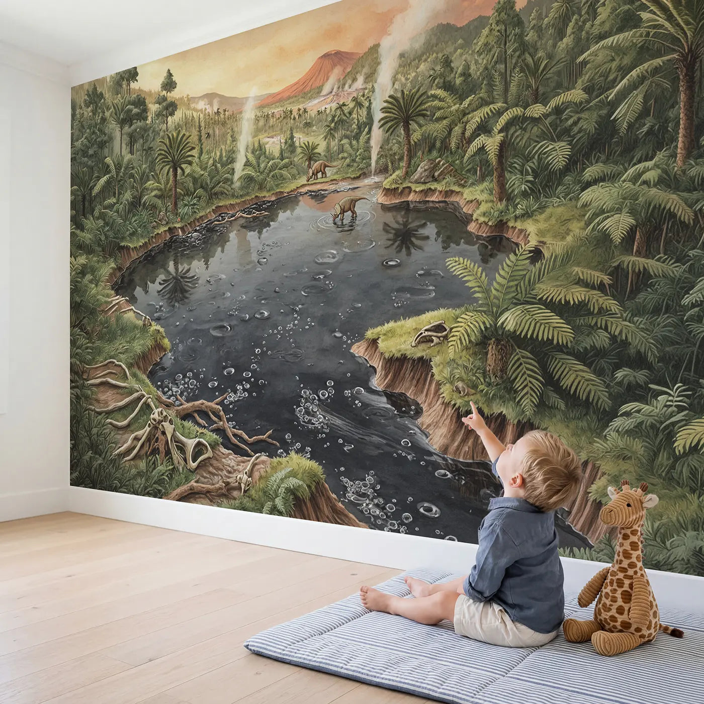Child in nursery with Prehistoric Tar Pit Landscape Wallpaper Mural by Whimsy Tots