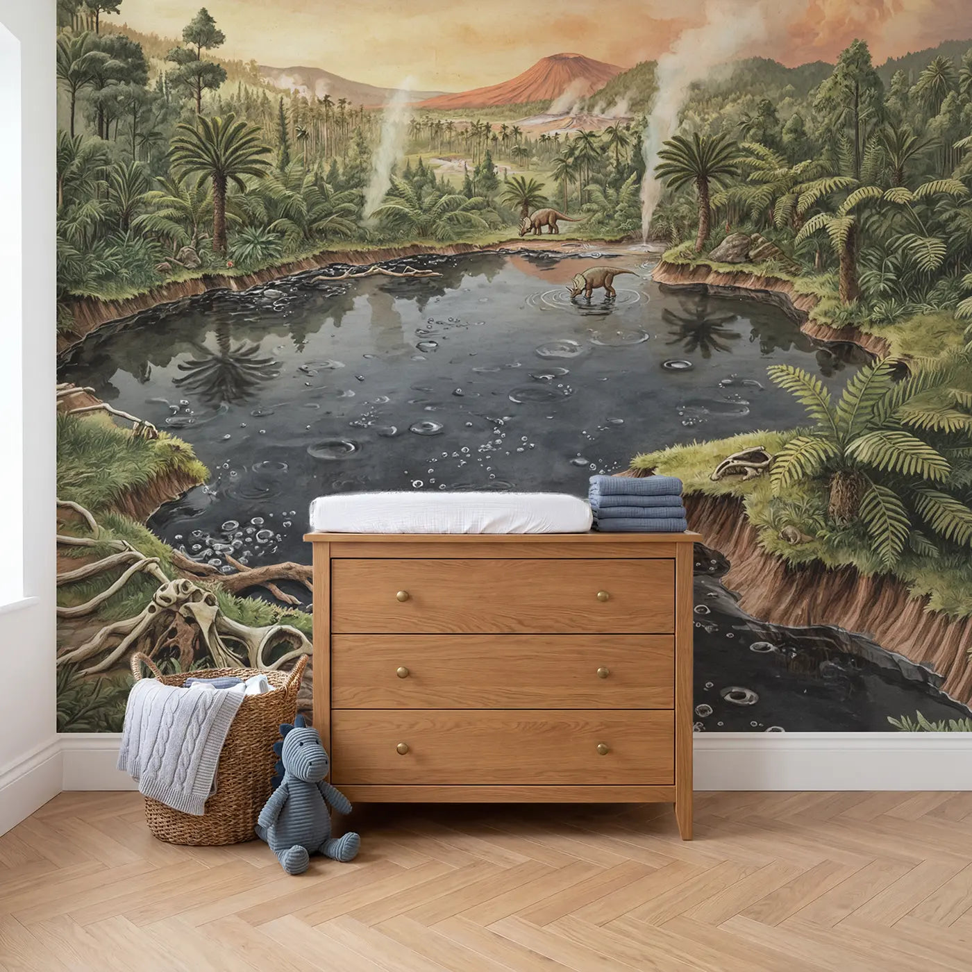 Prehistoric Tar Pit Landscape Wallpaper Mural in playroom setting by Whimsy Tots