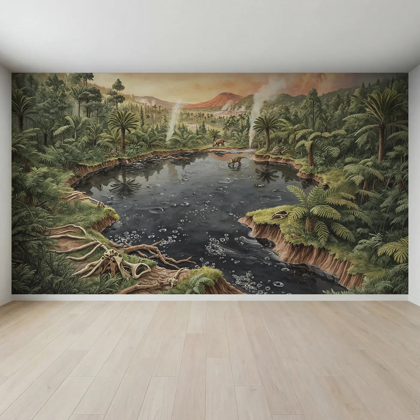 Full view of Prehistoric Tar Pit Landscape Wallpaper Mural by Whimsy Tots