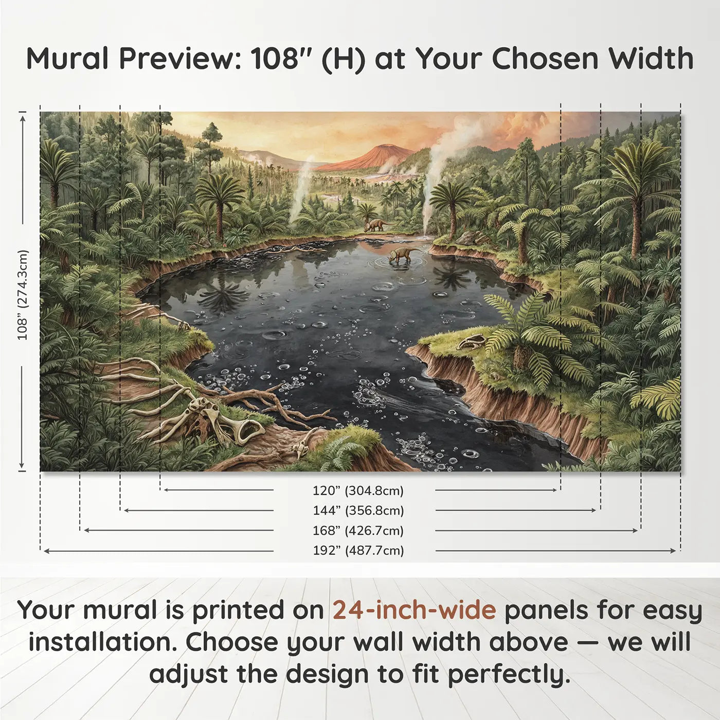 Panel layout and dimensions for Prehistoric Tar Pit Landscape Wallpaper Mural by Whimsy Tots