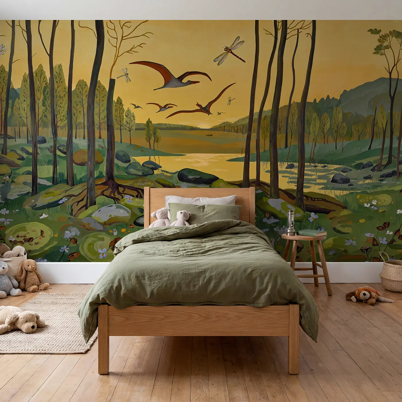 Modern illustration pterodactyl aerial sky wallpaper mural for kids room by Whimsy Tots