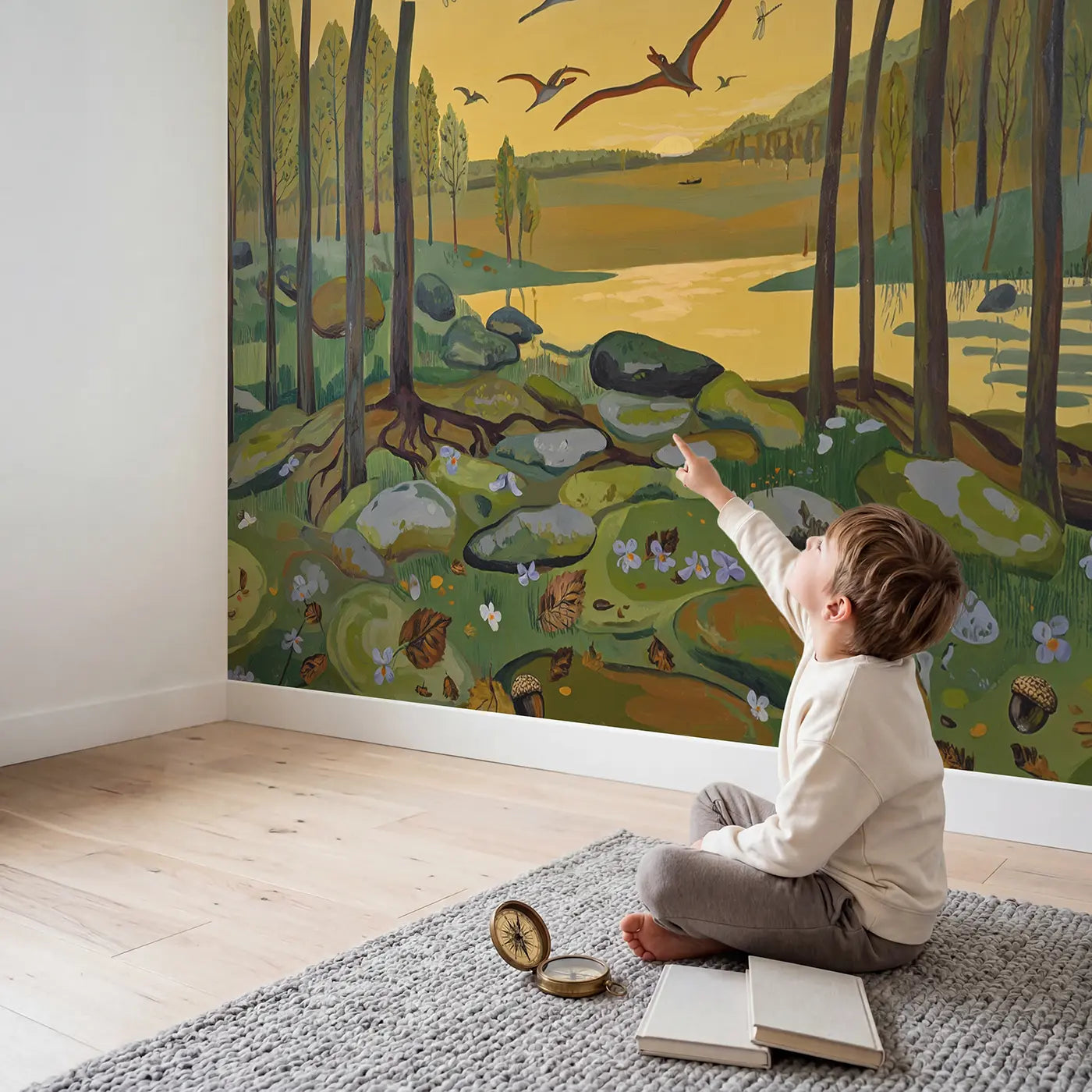 Child in nursery with Pterodactyls Dragonflies Aerial Display Wallpaper Mural by Whimsy Tots