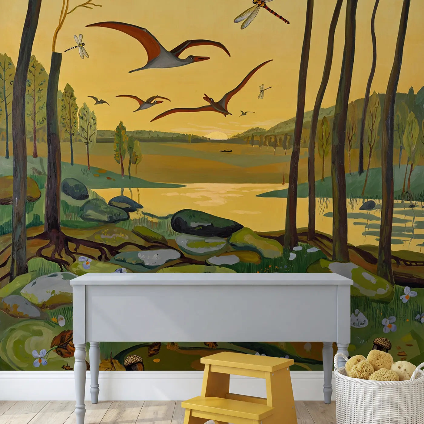 Pterodactyls Dragonflies Aerial Display Wallpaper Mural in playroom setting by Whimsy Tots