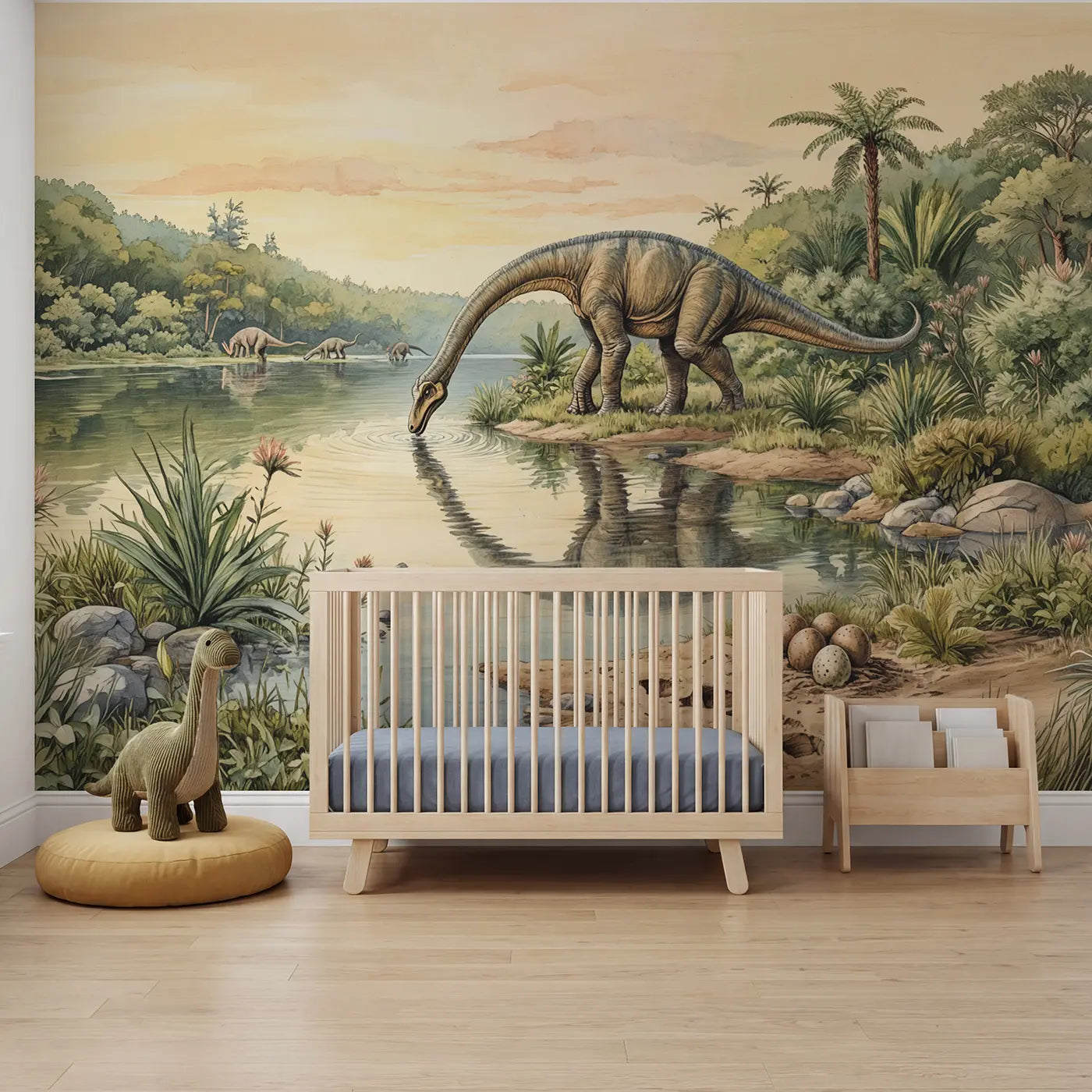 storybook diplodocus drinking lake prehistoric wallpaper mural for nursery by Whimsy Tots