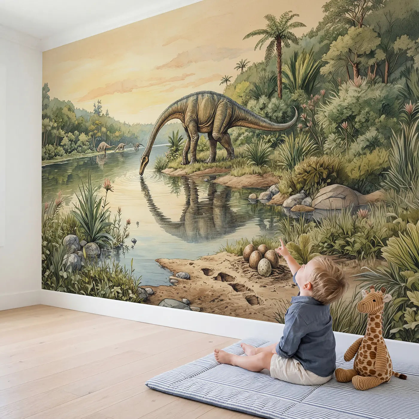 Child in nursery with Diplodocus Calm Lake Drink Wallpaper Mural by Whimsy Tots