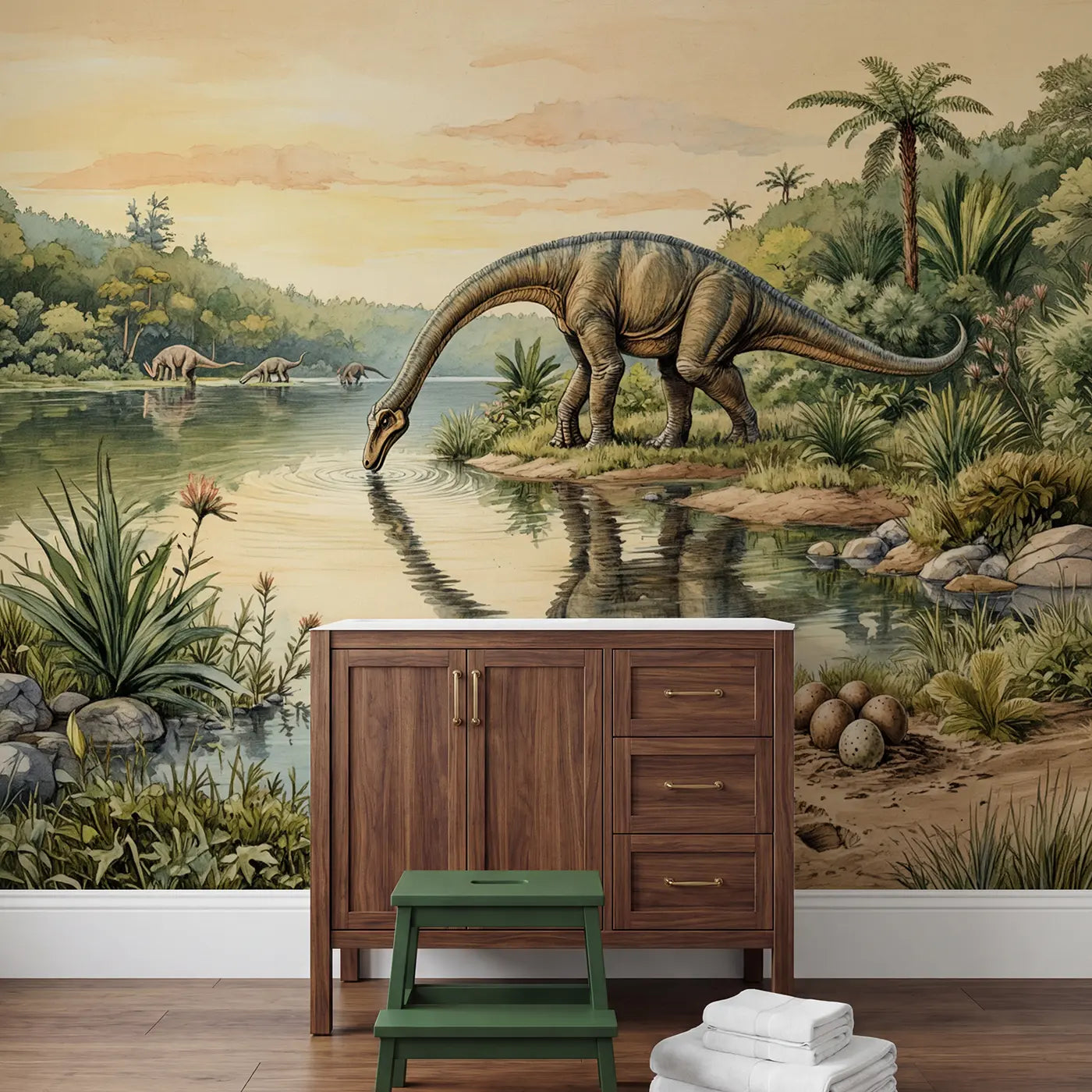 Diplodocus Calm Lake Drink Wallpaper Mural in playroom setting by Whimsy Tots