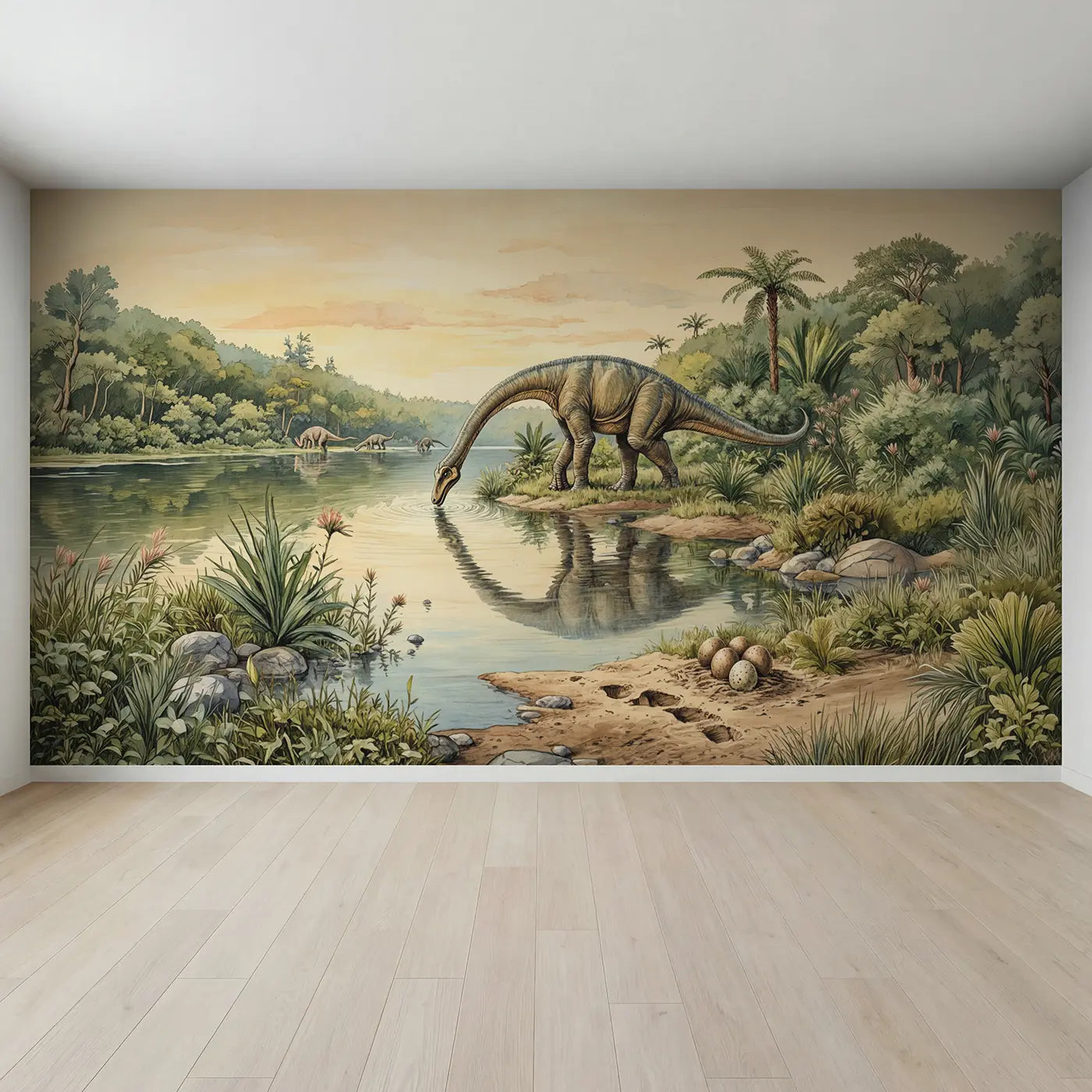 Full view of Diplodocus Calm Lake Drink Wallpaper Mural by Whimsy Tots