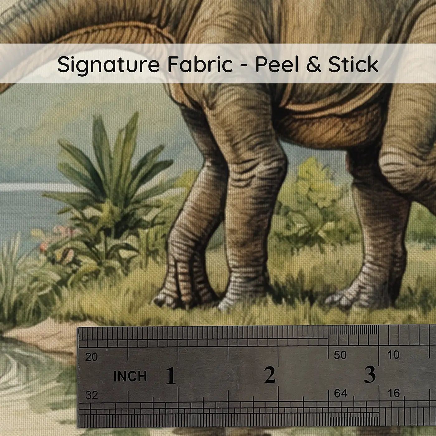 Fabric texture close-up of Diplodocus Calm Lake Drink Wallpaper Mural by Whimsy Tots
