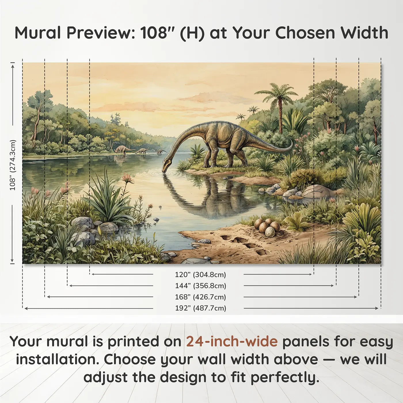 Panel layout and dimensions for Diplodocus Calm Lake Drink Wallpaper Mural by Whimsy Tots