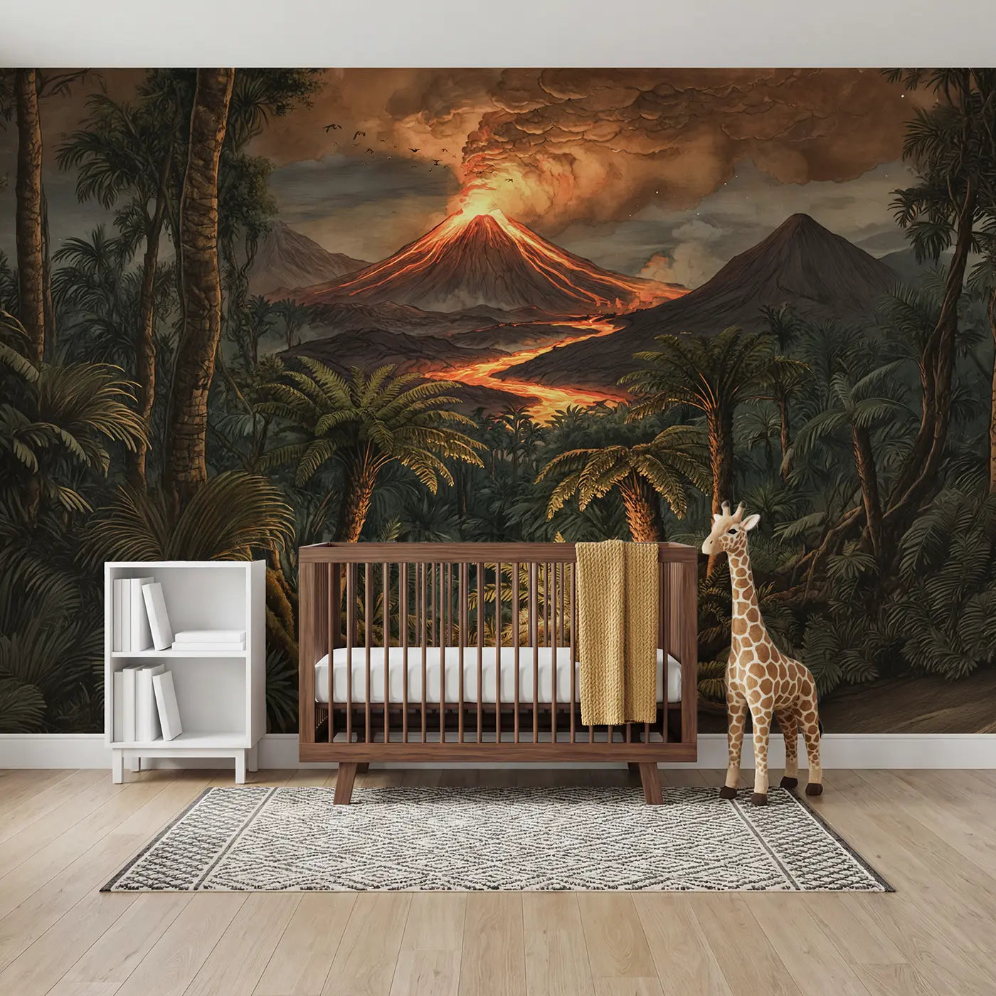 storybook volcanic night lava glow prehistoric wallpaper mural for kids room by Whimsy Tots