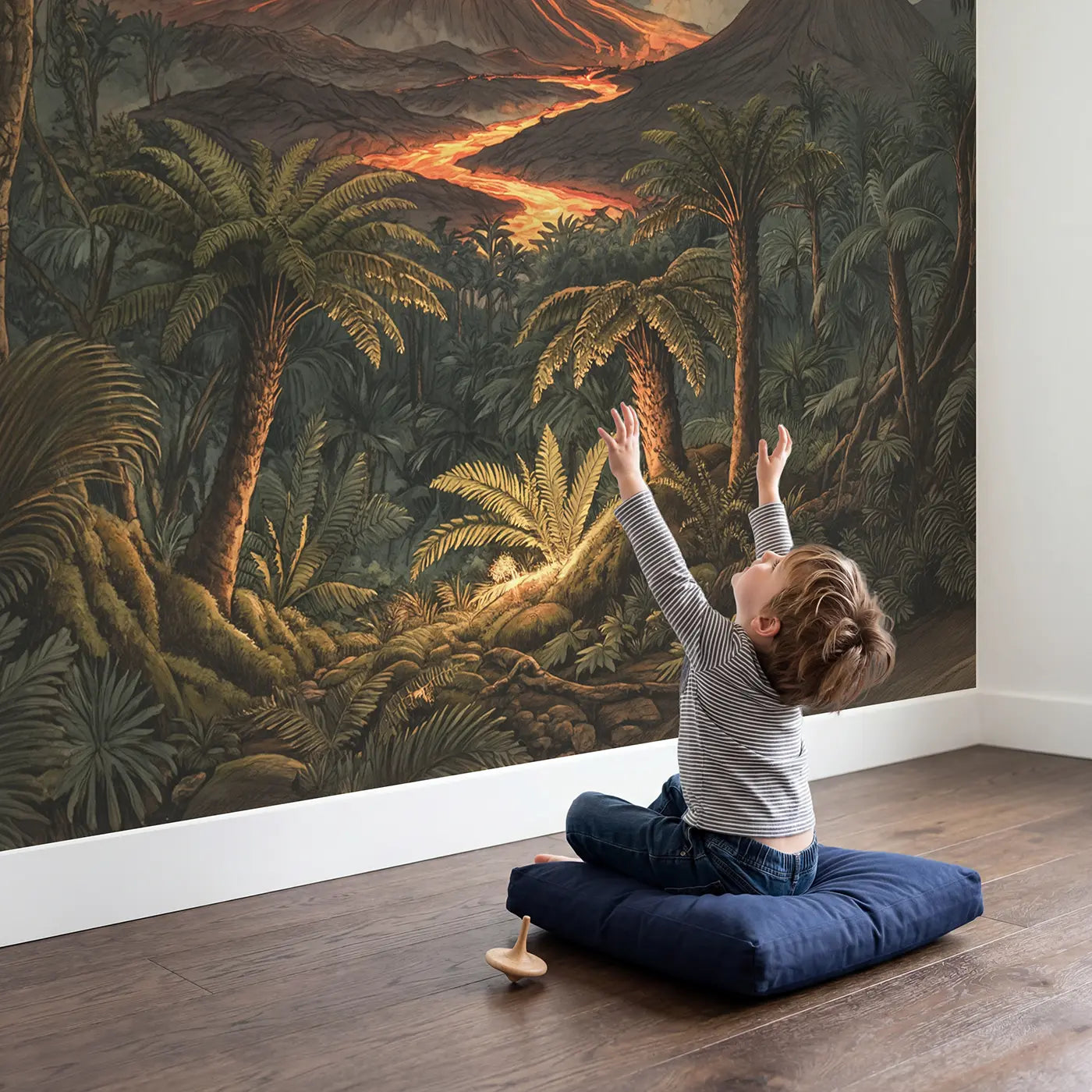 Child in nursery with Volcanic Night Lava Glow Wallpaper Mural by Whimsy Tots