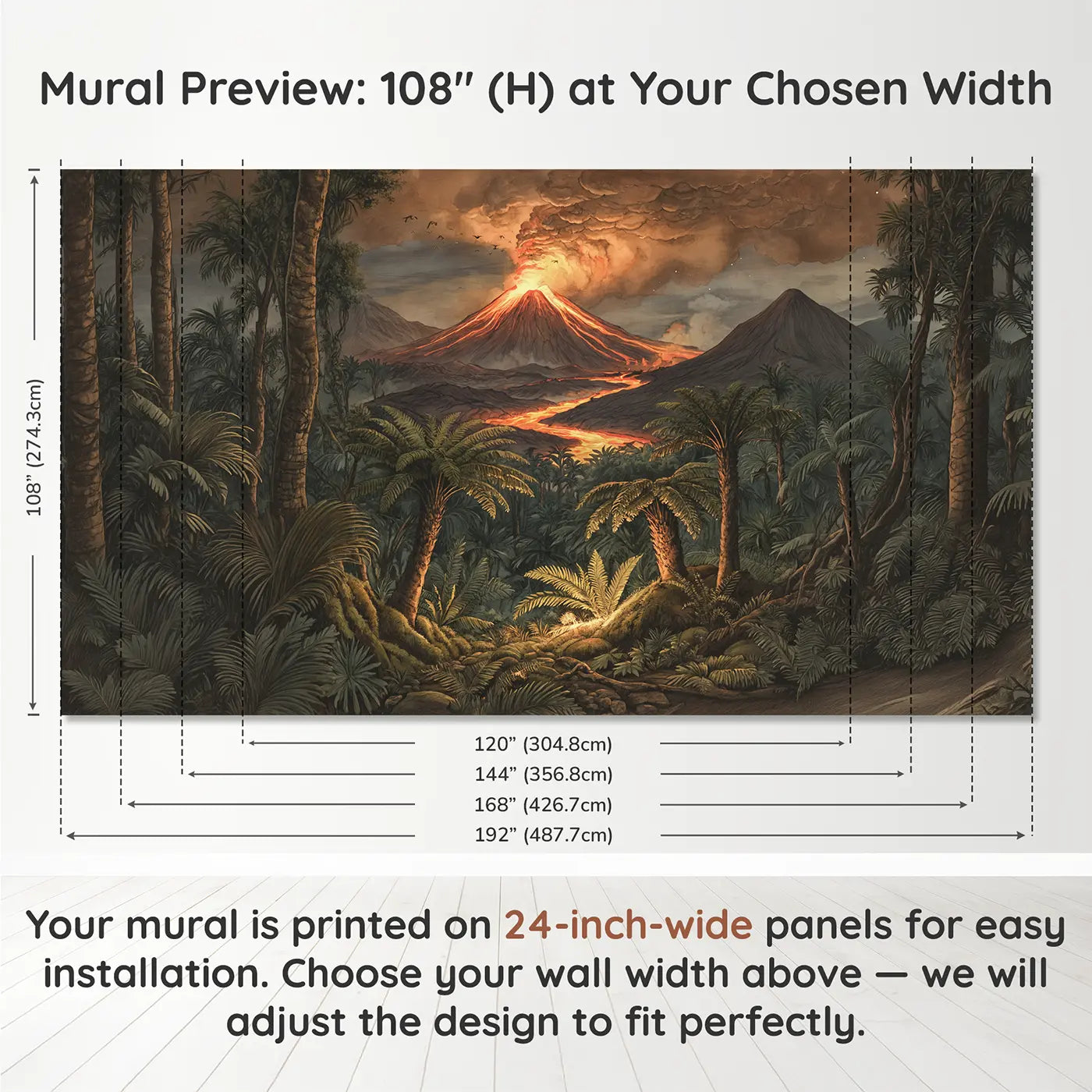 Panel layout and dimensions for Volcanic Night Lava Glow Wallpaper Mural by Whimsy Tots
