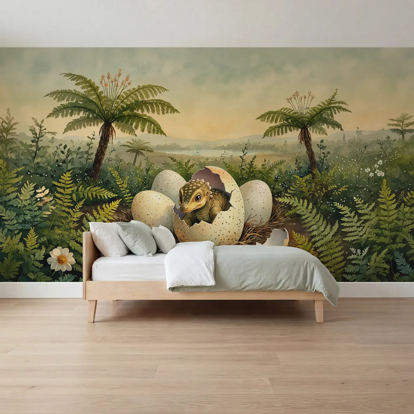 Watercolor stegosaurus prehistoric wallpaper mural for kids room by Whimsy Tots