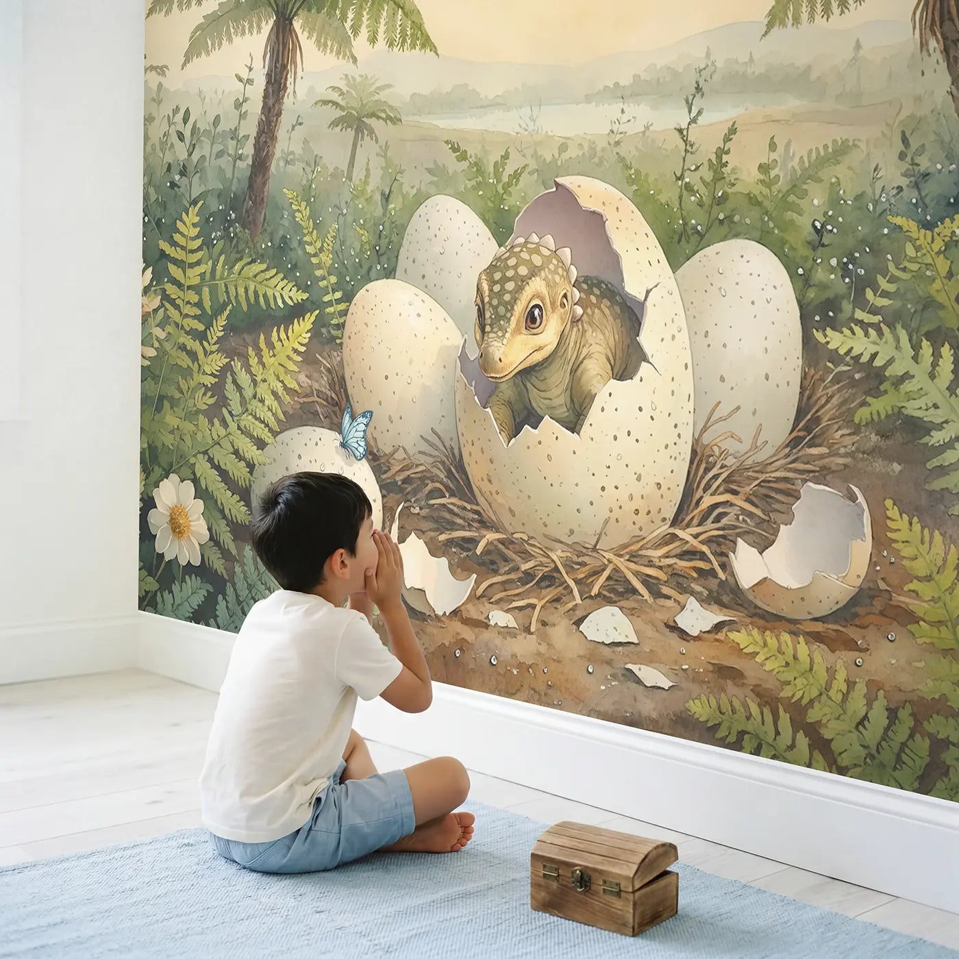 Child in nursery with Hatching Stegosaurus Nest Wallpaper Mural by Whimsy Tots