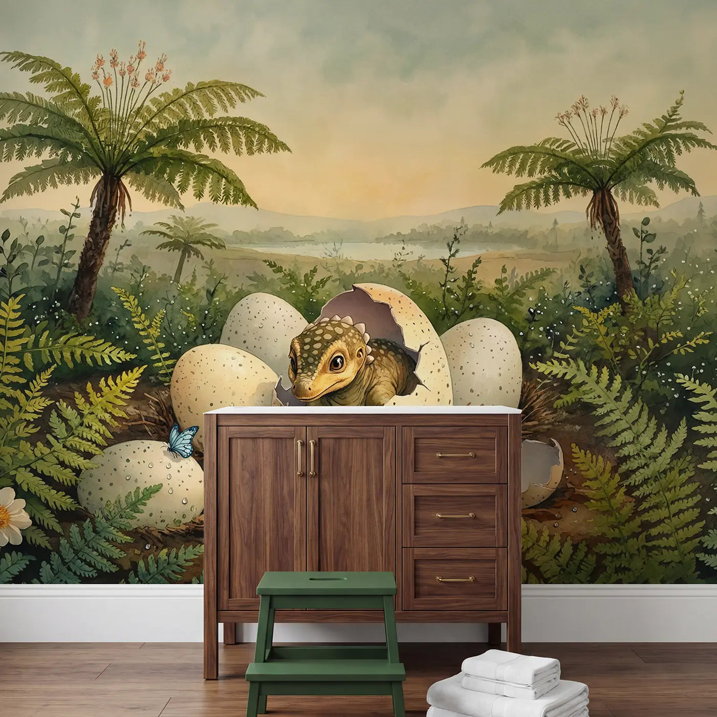 Hatching Stegosaurus Nest Wallpaper Mural in playroom setting by Whimsy Tots