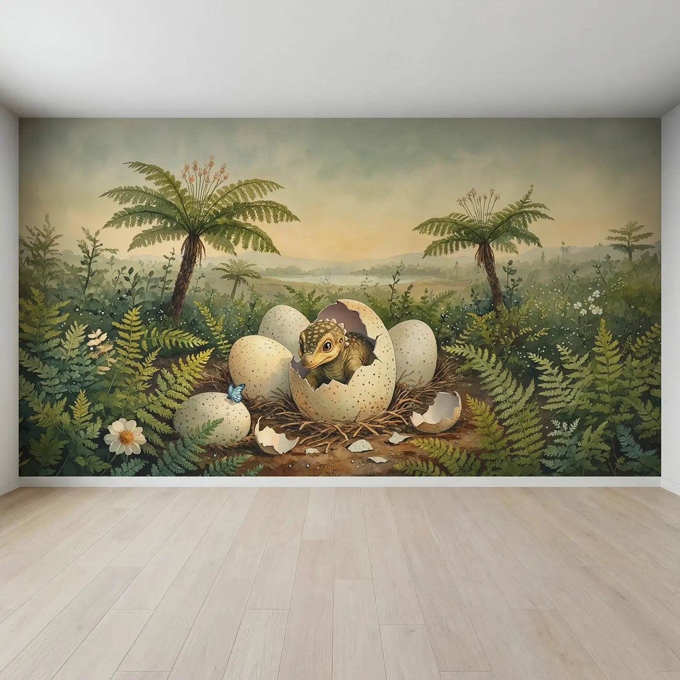 Full view of Hatching Stegosaurus Nest Wallpaper Mural by Whimsy Tots