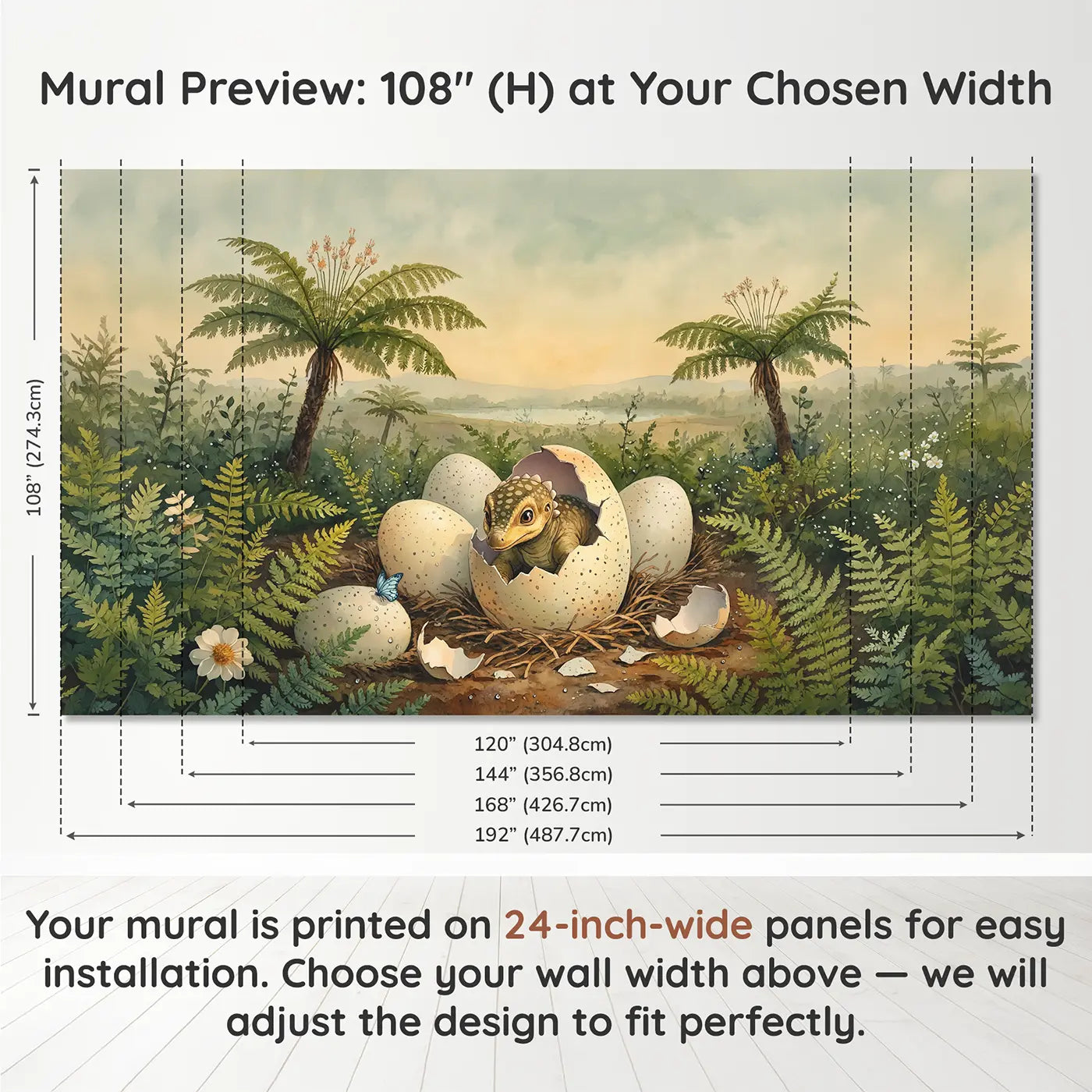 Panel layout and dimensions for Hatching Stegosaurus Nest Wallpaper Mural by Whimsy Tots