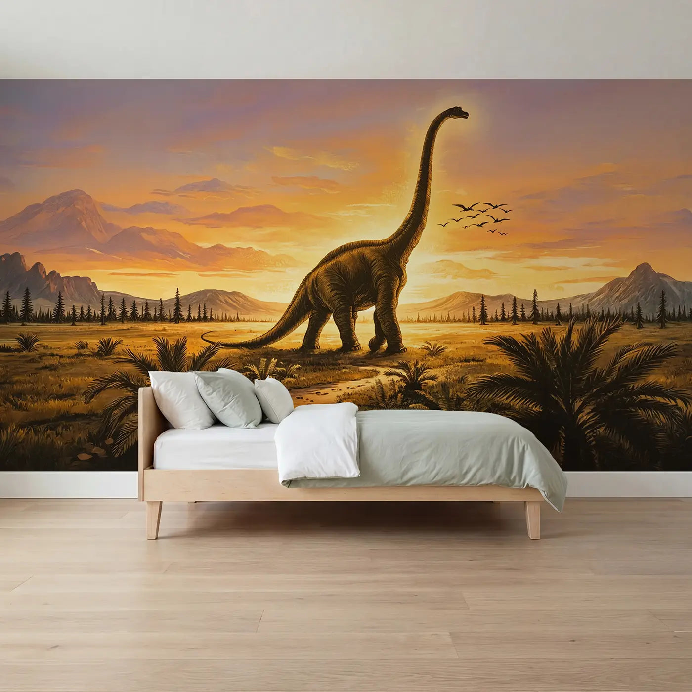 Block print brachiosaurus sunset silhouette wallpaper mural for boys room by Whimsy Tots