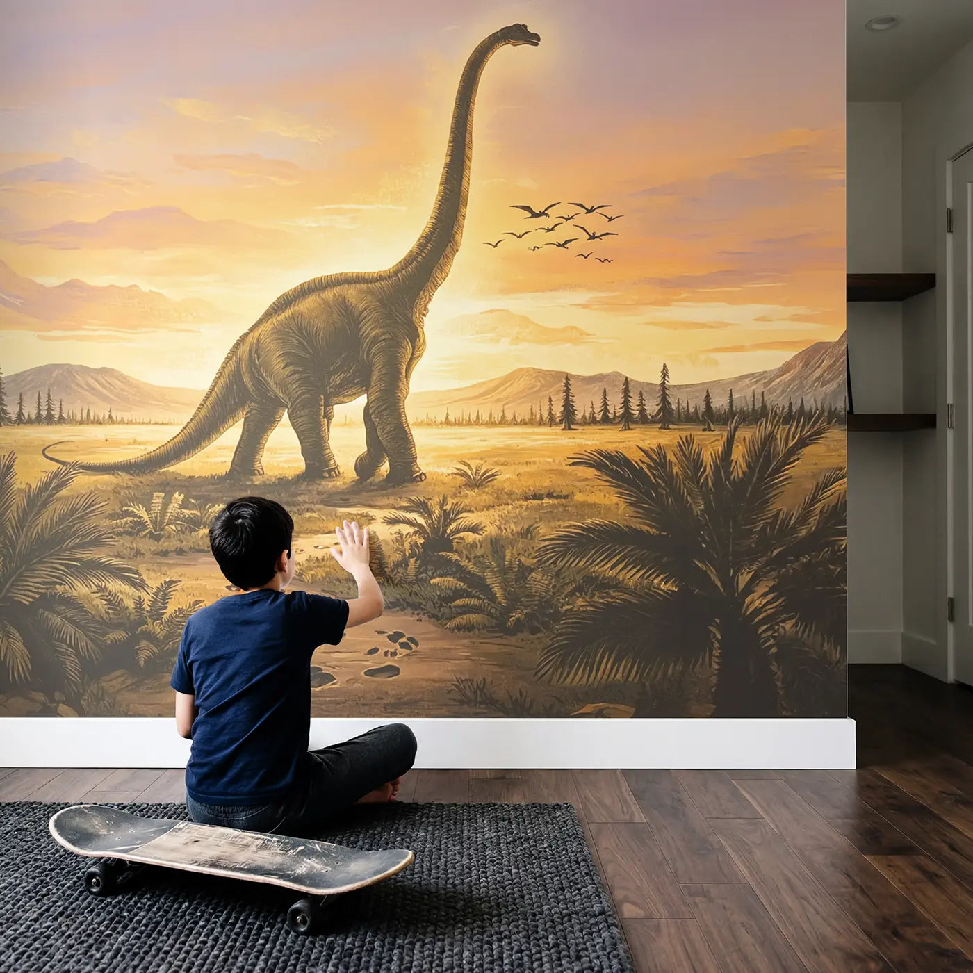 Child in nursery with Brachiosaurus Sunset Silhouette Wallpaper Mural by Whimsy Tots