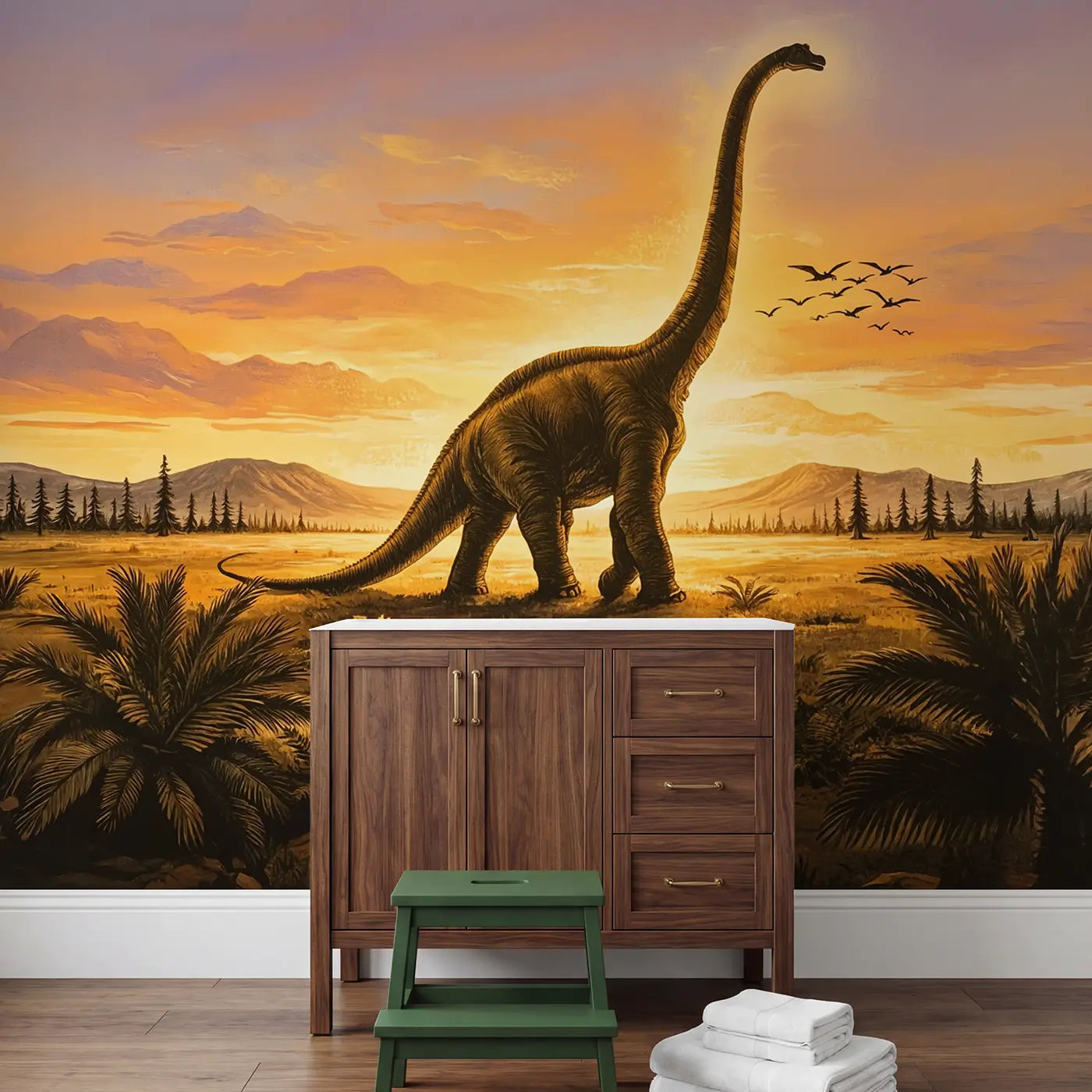 Brachiosaurus Sunset Silhouette Wallpaper Mural in playroom setting by Whimsy Tots