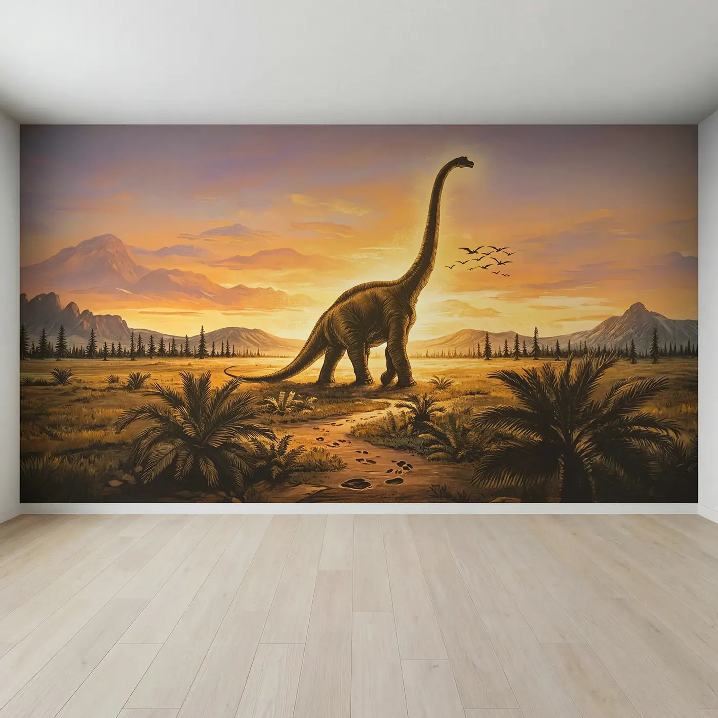 Full view of Brachiosaurus Sunset Silhouette Wallpaper Mural by Whimsy Tots