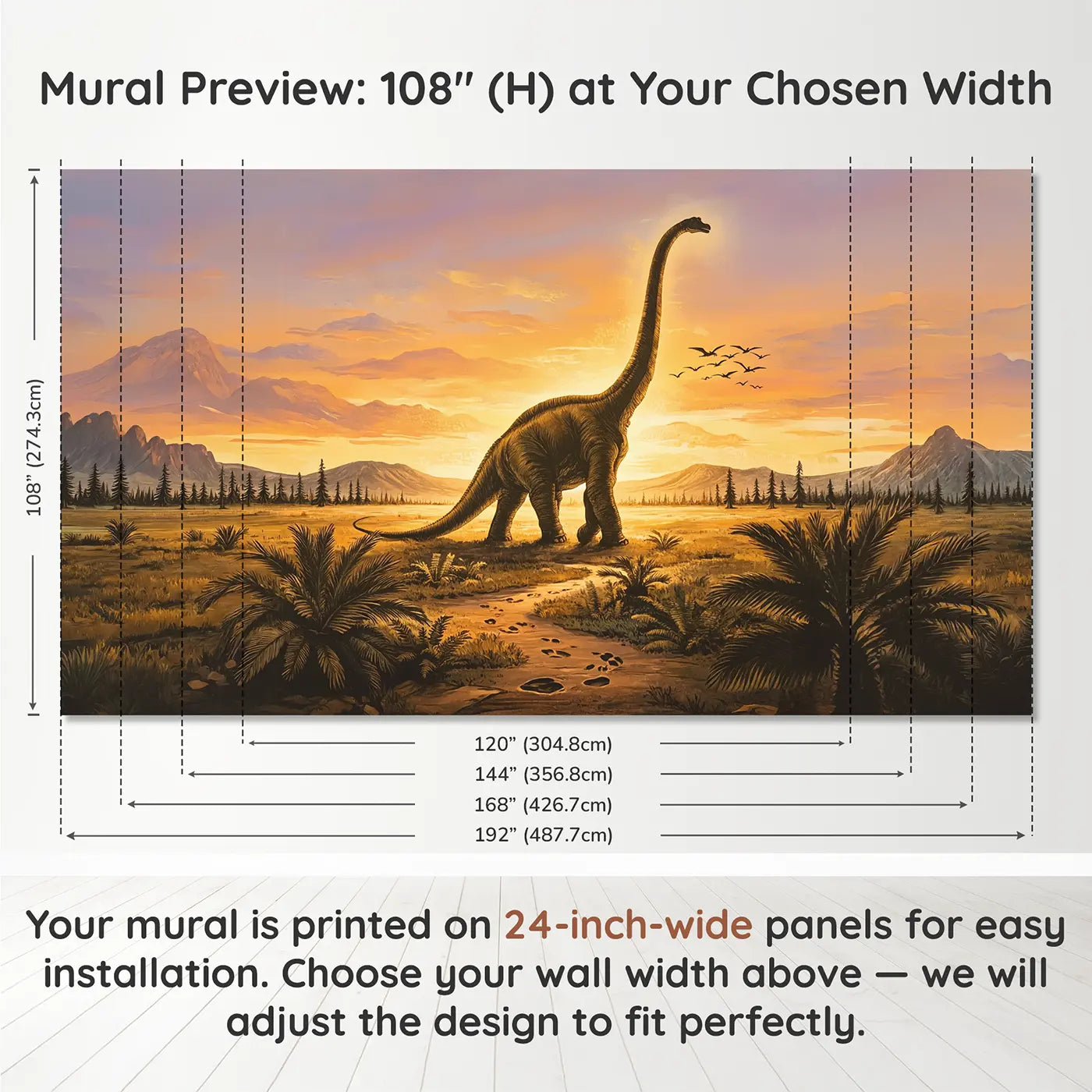 Panel layout and dimensions for Brachiosaurus Sunset Silhouette Wallpaper Mural by Whimsy Tots