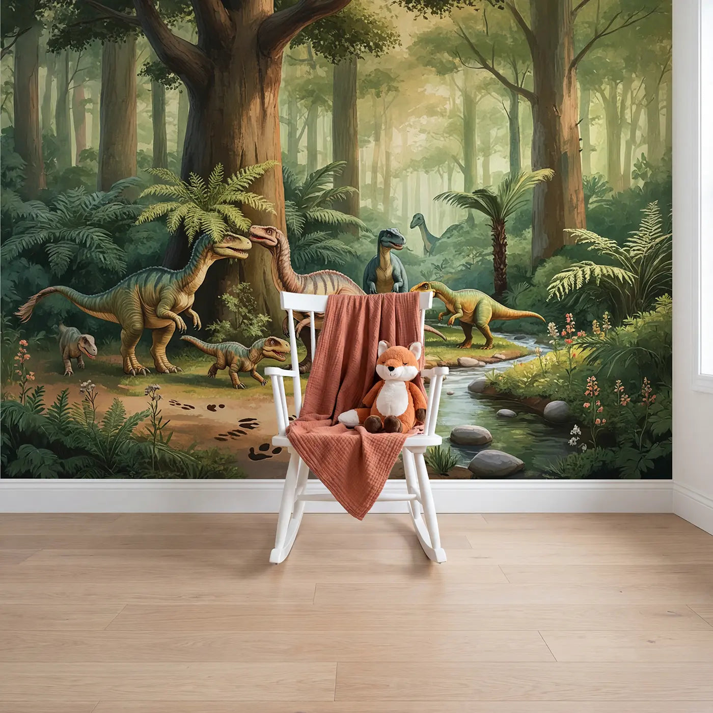 Soft pastel prehistoric and fern wallpaper mural for girls room by Whimsy Tots