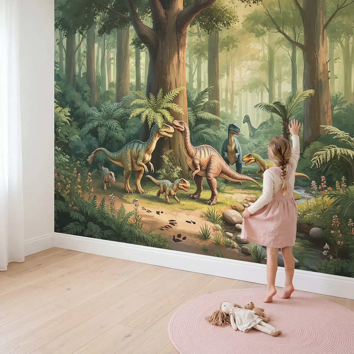 Child in nursery with Dinosaur Forest Canopy Gathering Wallpaper Mural by Whimsy Tots