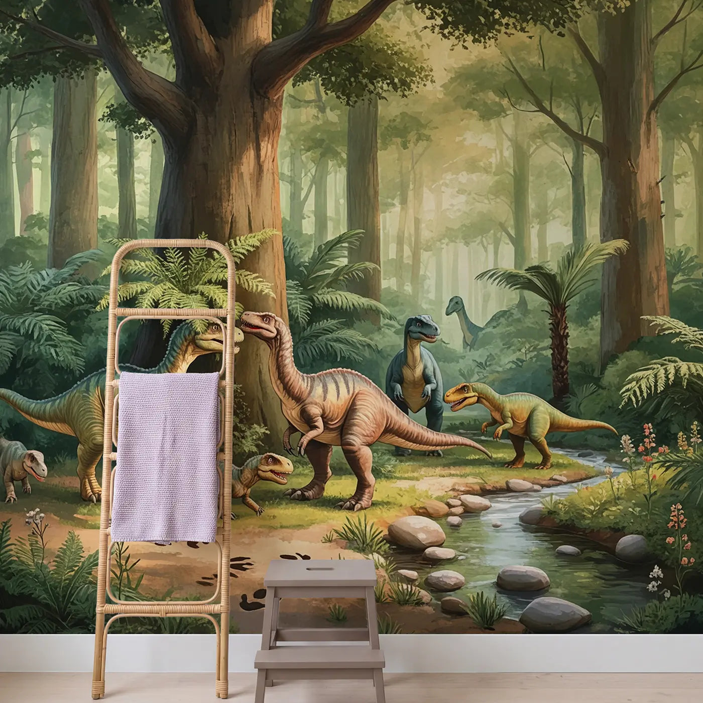 Dinosaur Forest Canopy Gathering Wallpaper Mural in playroom setting by Whimsy Tots
