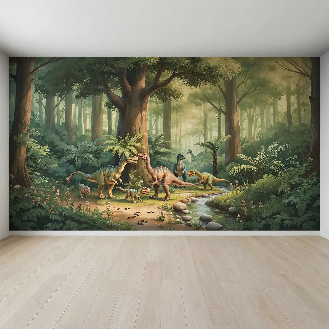 Full view of Dinosaur Forest Canopy Gathering Wallpaper Mural by Whimsy Tots
