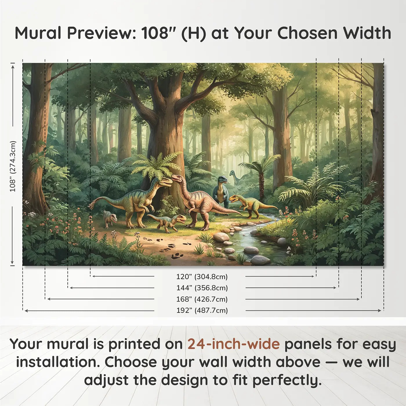 Panel layout and dimensions for Dinosaur Forest Canopy Gathering Wallpaper Mural by Whimsy Tots