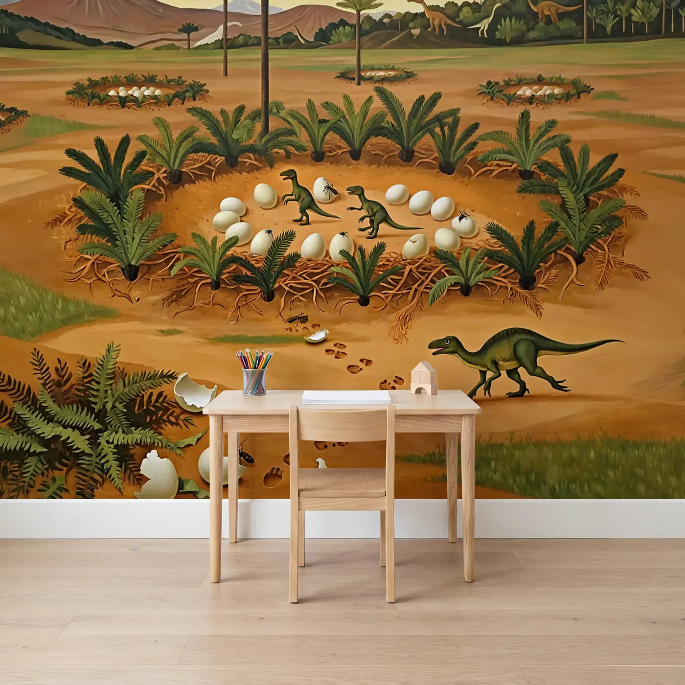 Gouache illustration egg and nest wallpaper mural for kids room by Whimsy Tots