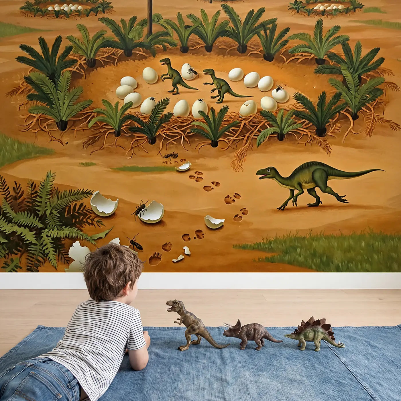 Child in nursery with Baby Dinosaur Hatching Dawn Wallpaper Mural by Whimsy Tots
