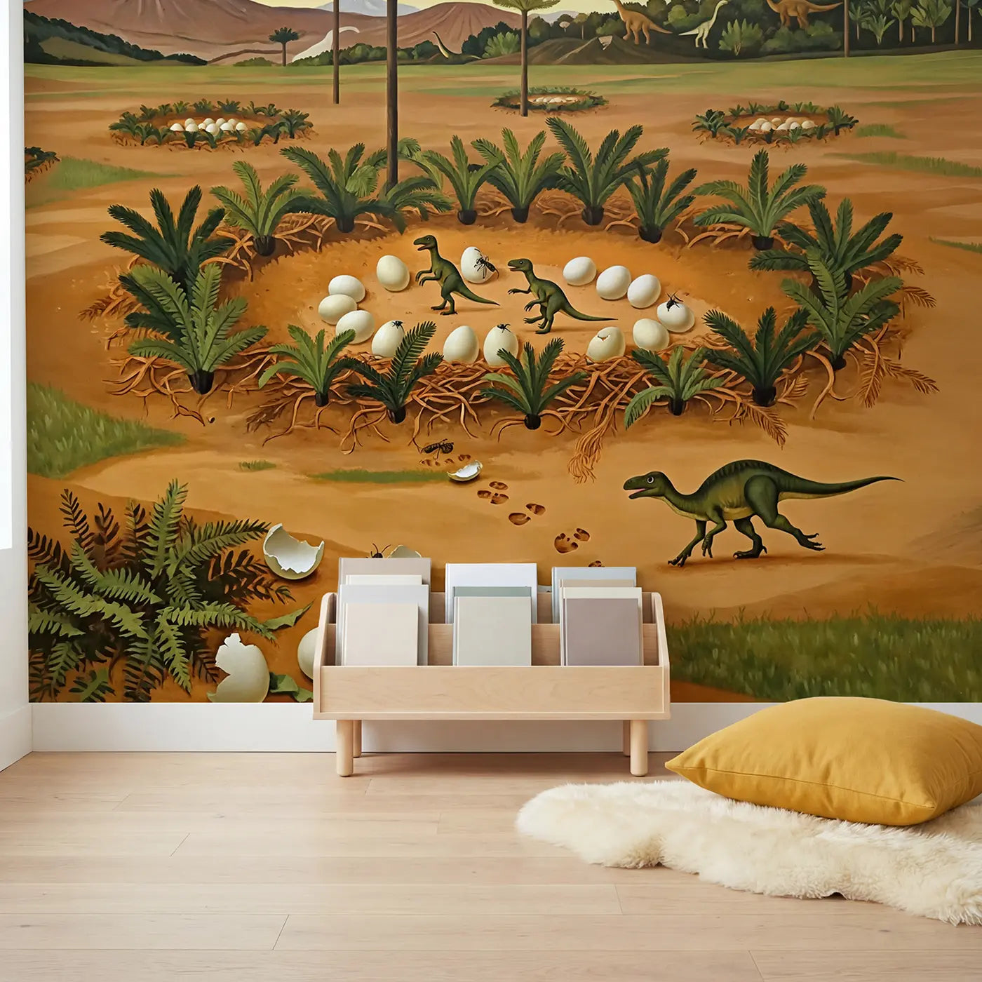 Baby Dinosaur Hatching Dawn Wallpaper Mural in playroom setting by Whimsy Tots