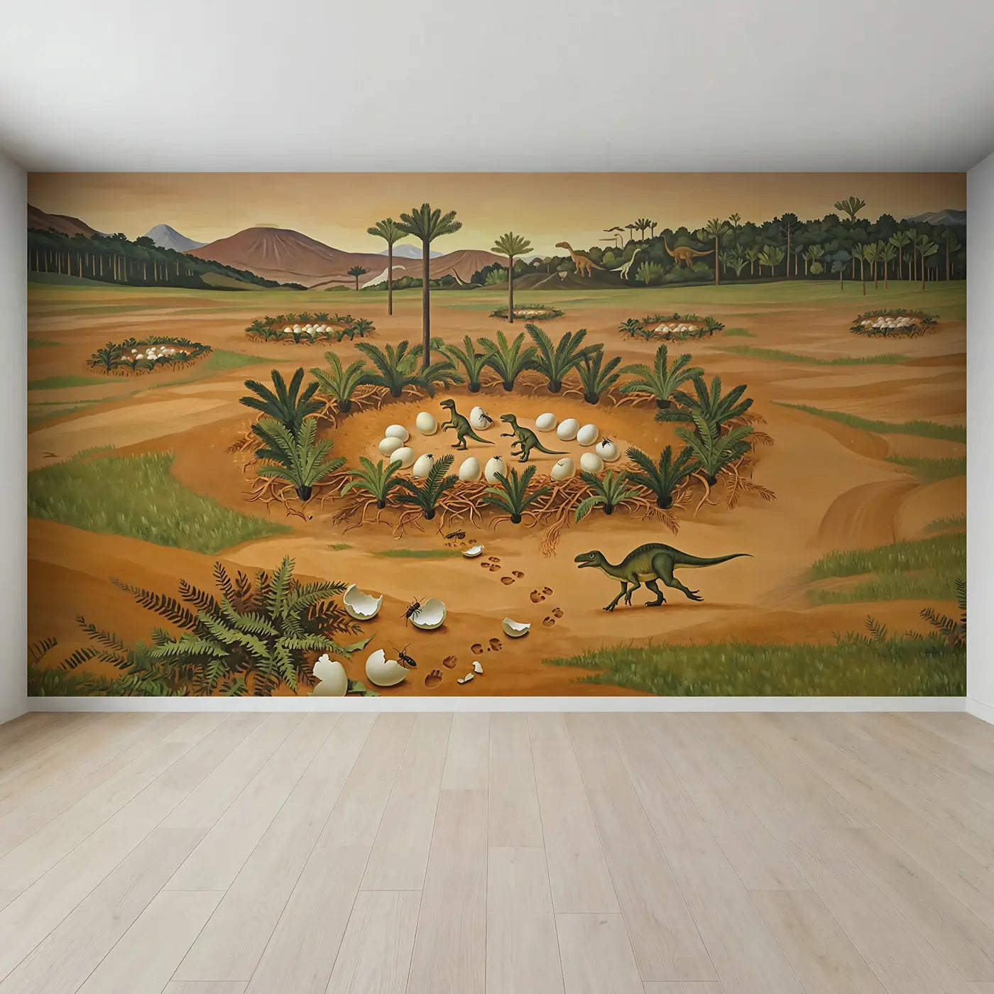 Full view of Baby Dinosaur Hatching Dawn Wallpaper Mural by Whimsy Tots