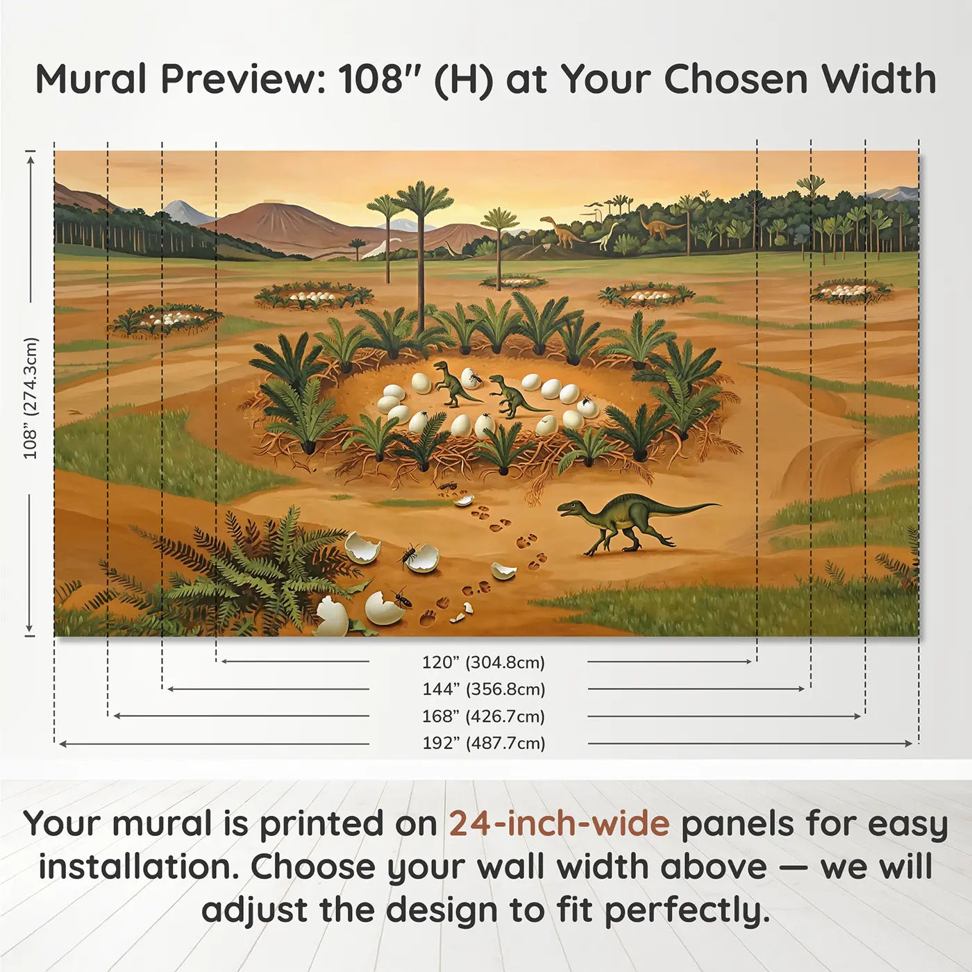 Panel layout and dimensions for Baby Dinosaur Hatching Dawn Wallpaper Mural by Whimsy Tots