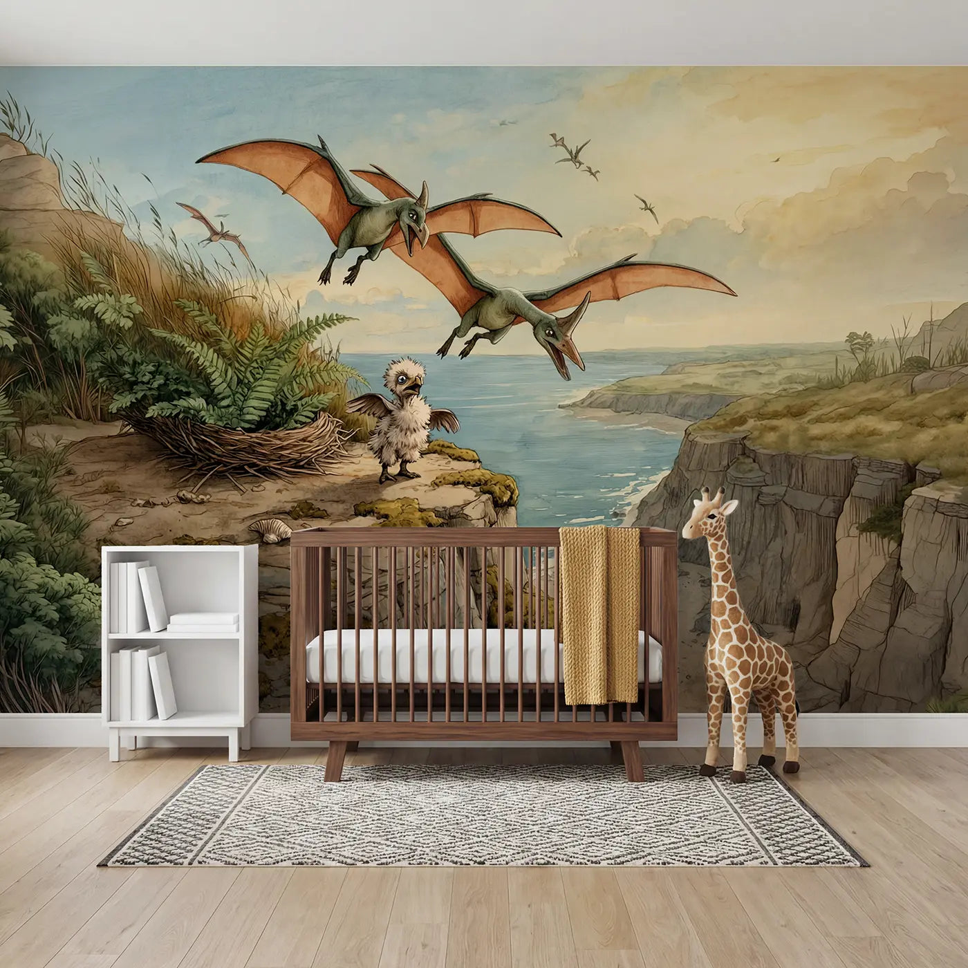 Storybook pterodactyl flying lesson cliff wallpaper mural for kids room by Whimsy Tots