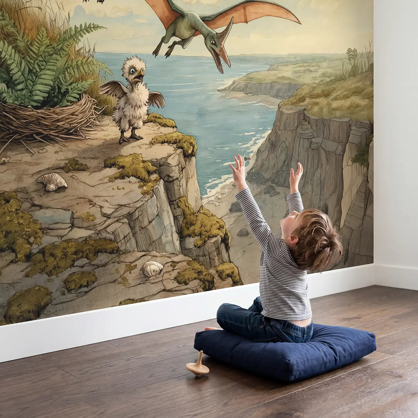 Child in nursery with Pterodactyl Flying Lesson Cliff Wallpaper Mural by Whimsy Tots