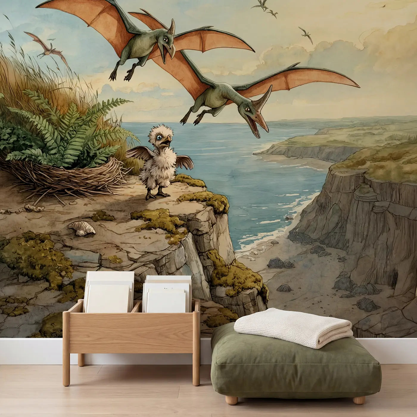 Pterodactyl Flying Lesson Cliff Wallpaper Mural in playroom setting by Whimsy Tots