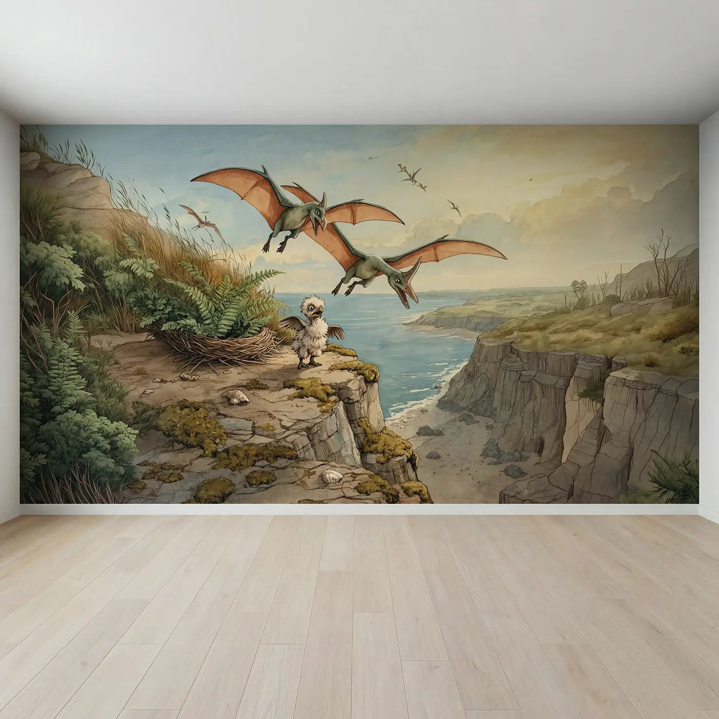 Full view of Pterodactyl Flying Lesson Cliff Wallpaper Mural by Whimsy Tots