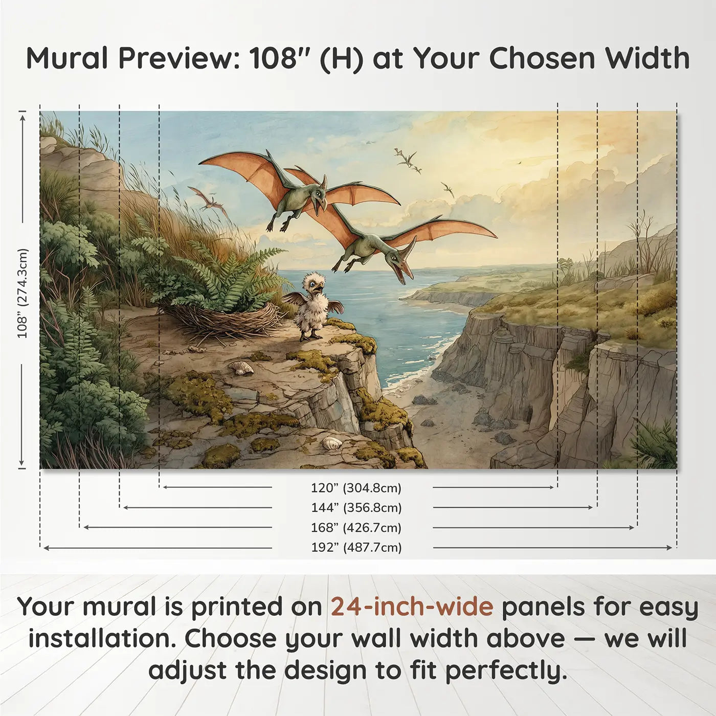 Panel layout and dimensions for Pterodactyl Flying Lesson Cliff Wallpaper Mural by Whimsy Tots
