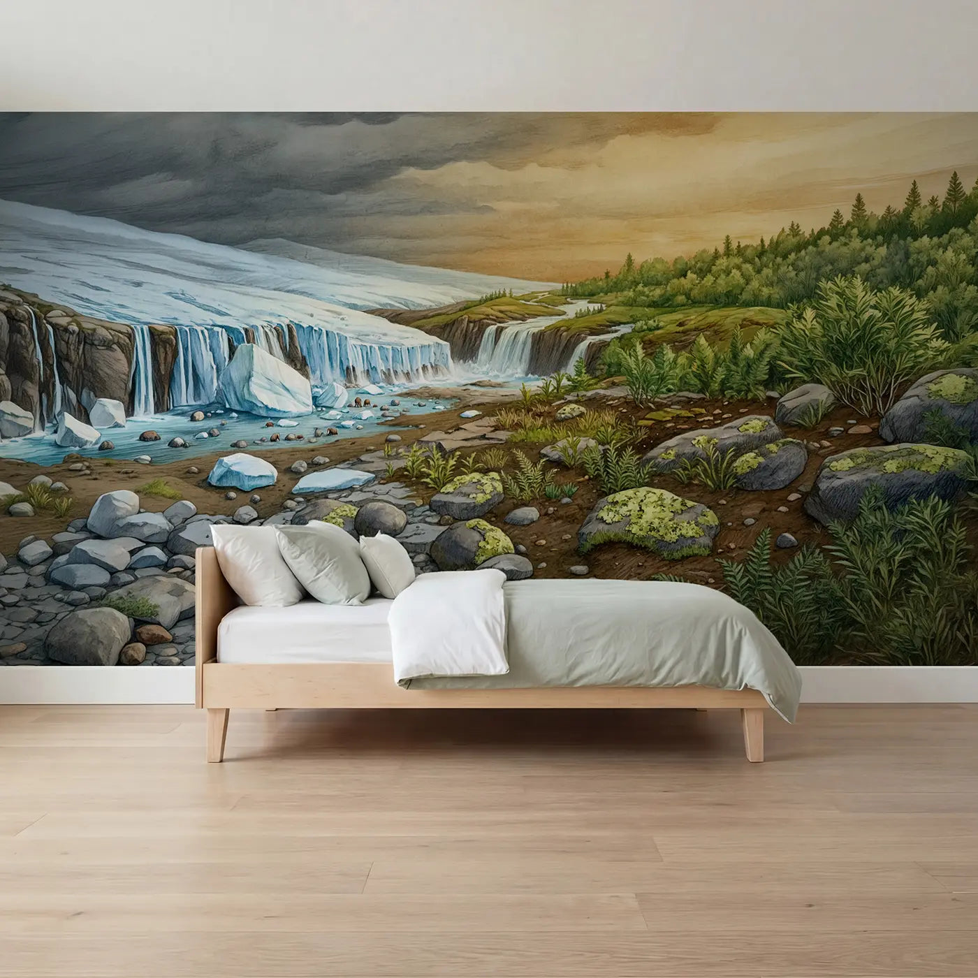 storybook ice age glacier transition landscape wallpaper mural for boys room by Whimsy Tots